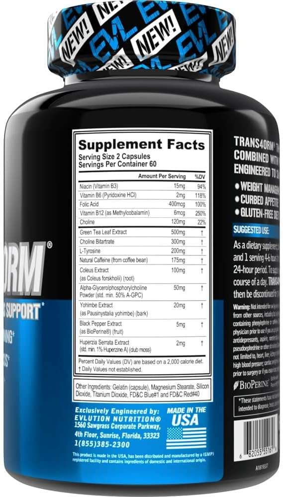 EVL Thermogenic Fat Burner Pills - Weight Loss Support and Fast Acting Energy Booster - Trans4orm Green Tea Fat Burner Pills, Metabolism Support, Appetite Support, Weight Loss Supplement (30 Servings)