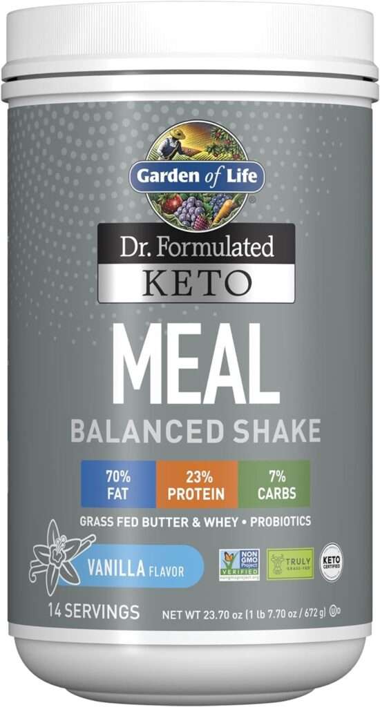 Garden of Life Dr. Formulated Ketogenic Meal Balanced Shake Powder, Truly Grass Fed Butter  Whey Protein Plus Probiotics, Non-GMO, Gluten Free, Paleo Replacement, Vanilla, 23.7 Oz