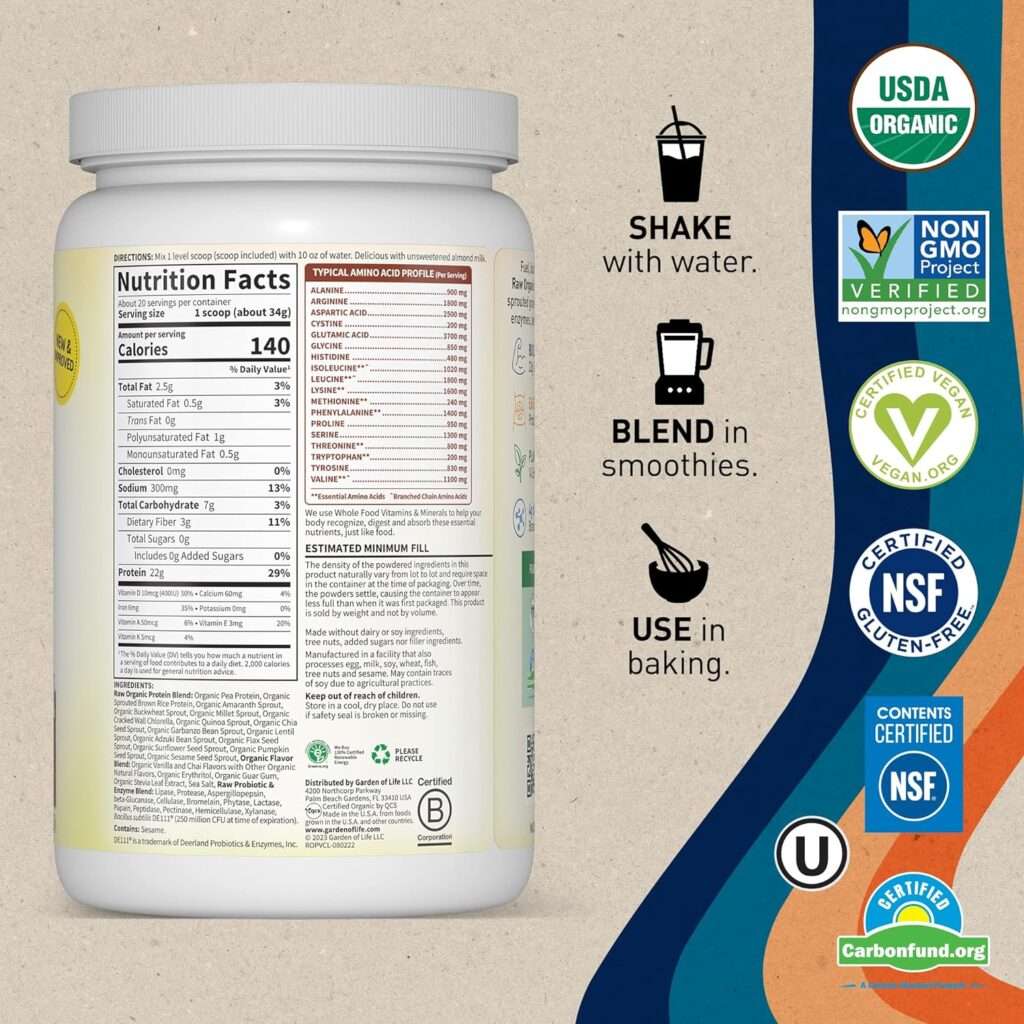 Garden of Life Organic Vegan Vanilla Protein Powder 22g Complete Plant Based Raw Protein  BCAAs Plus Probiotics  Digestive Enzymes for Easy Digestion – Non-GMO, Gluten-Free, Lactose Free 1.5 LB