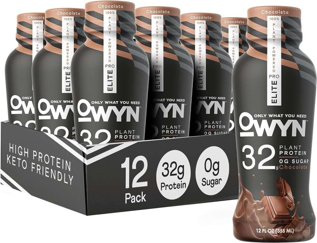 OWYN Pro Elite Vegan High Protein Keto Shake, 32g Protein, 9 Amino Acids, Omega-3, Prebiotics, Superfoods Greens for Workout and Recovery, 0g Net Carbs, Zero Sugar (Chocolate, 12 Fl Oz (Pack of 12))