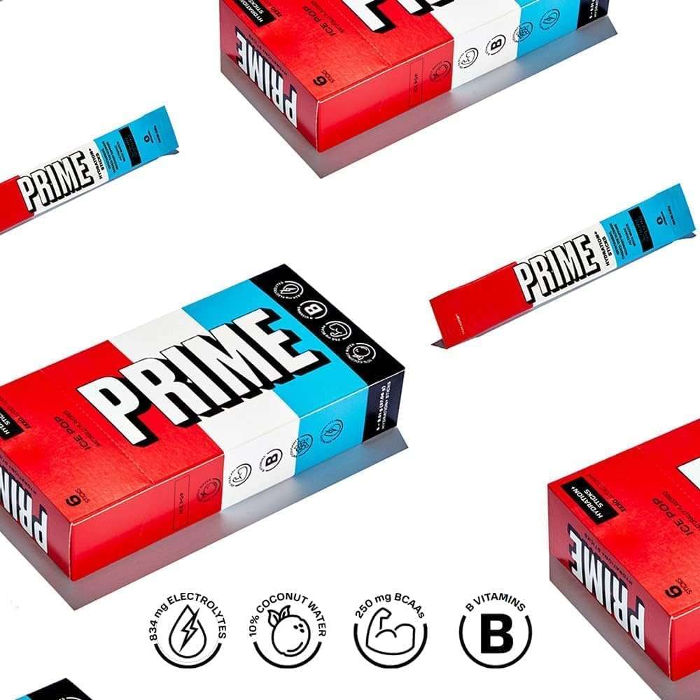 PRIME Hydration+ Sticks ICE POP | Hydration Powder Single Serve Sticks | Electrolyte Powder On the Go | Low Sugar | Caffeine-Free | Vegan | 6 Pack