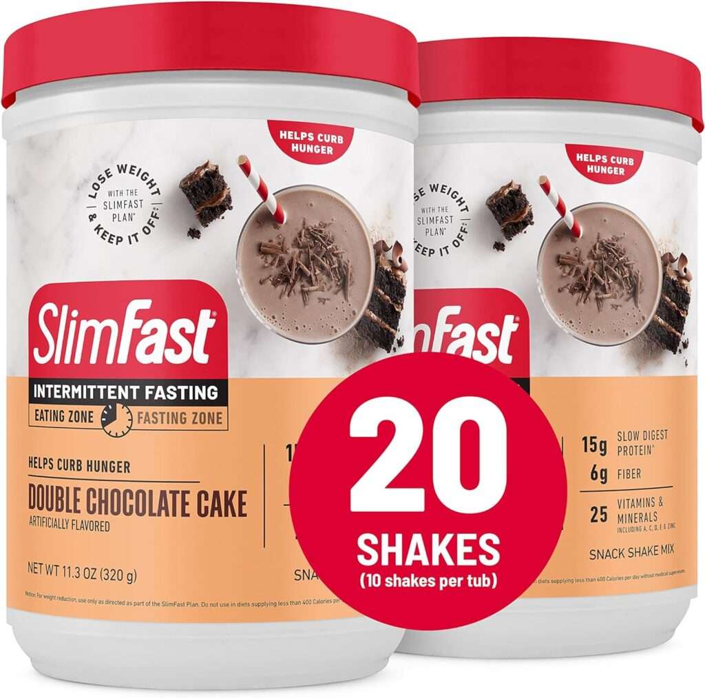 SlimFast Intermittent Fasting, Casein Protein Powder, Biotin with Vitamin  Mineral Bend, With Fiber, No Added Sugar, Snack Shake Mix- Double Chocolate Cake, 10 Servings (Pack of 2)