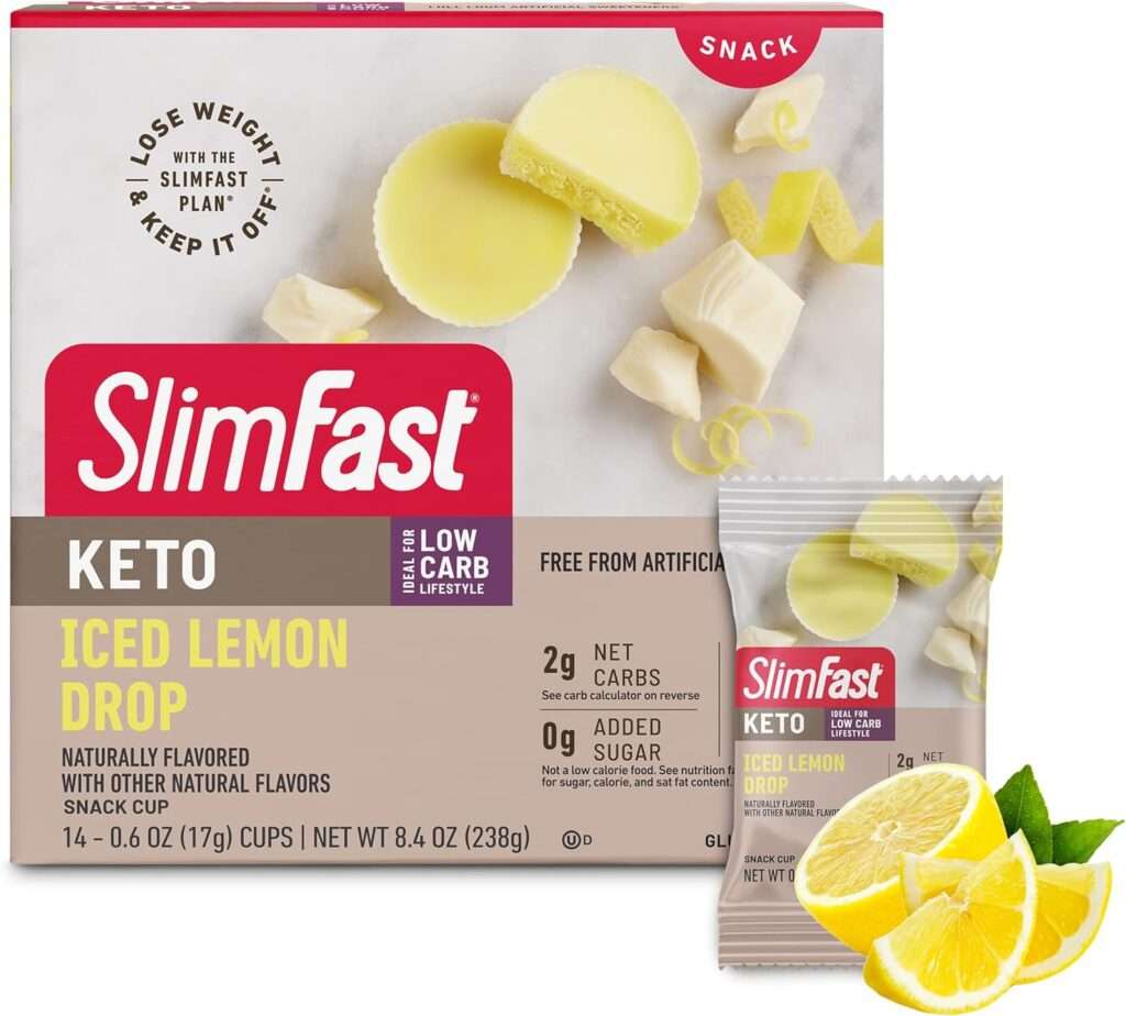 SlimFast Low Carb Snacks, Keto Friendly for Weight Loss with 0g Added Sugar  4g Fiber, Iced Lemon Drop Cup, 14 Count Box (Packaging May Vary)
