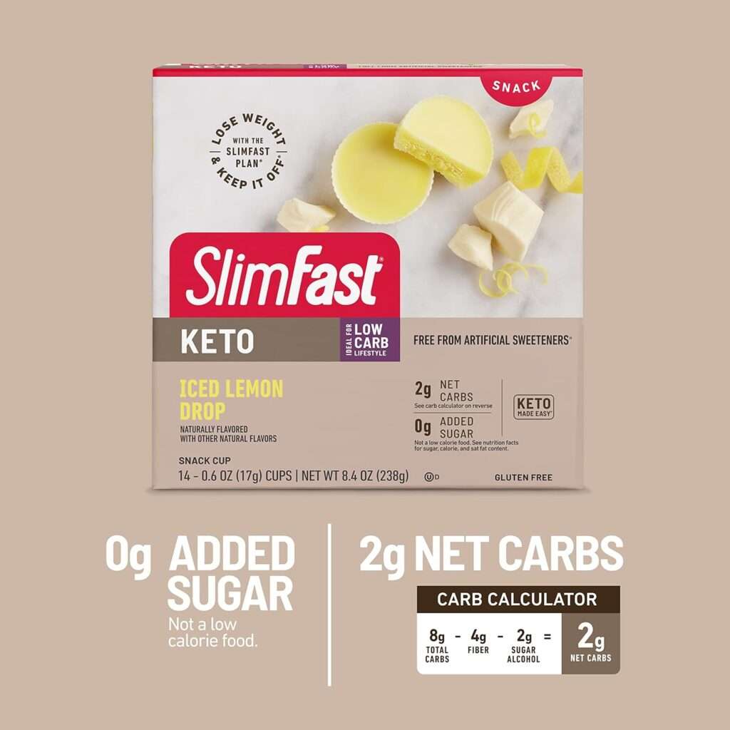 SlimFast Low Carb Snacks, Keto Friendly for Weight Loss with 0g Added Sugar  4g Fiber, Iced Lemon Drop Cup, 14 Count Box (Packaging May Vary)