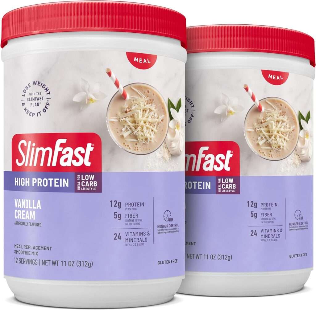SlimFast Meal Replacement Smoothie Mix, 24 Servings, High Protein, Vanilla Cream, 20g of Protein with Milk, 12 Servings (Pack of 2) (Packaging May Vary)
