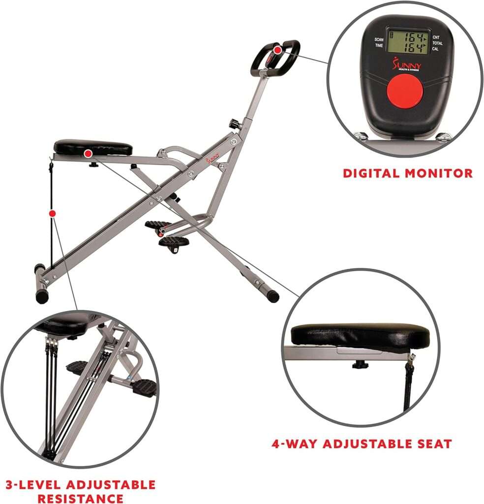 Sunny Health  Fitness Row-N-Ride Squat Assist Trainer for Glutes Workout With Adjustable Resistance, Easy Setup  Foldable Exercise Equipment, Glute  Leg Exercise Machine